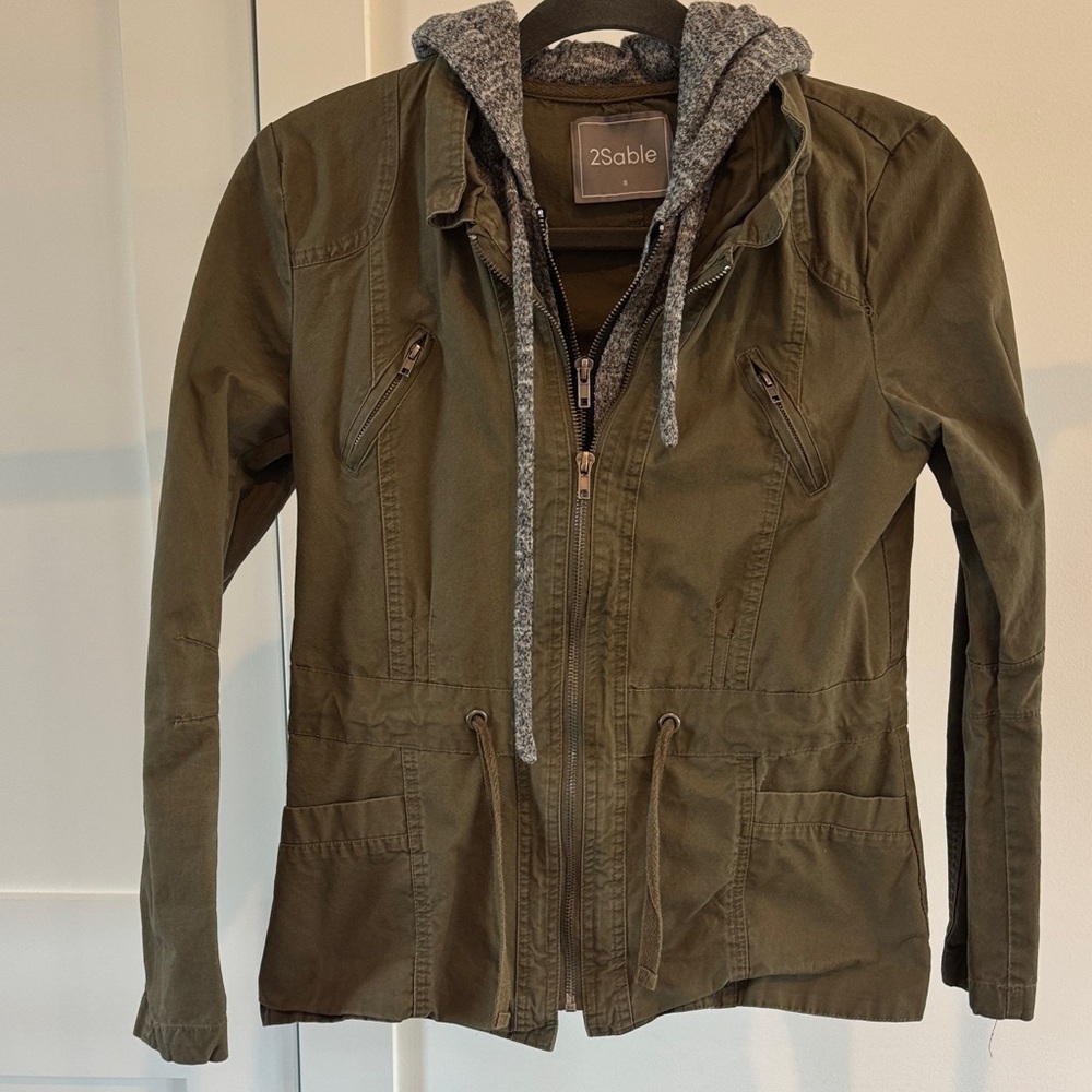 2sable Women's olive green Utility Jacket with Gray Hood